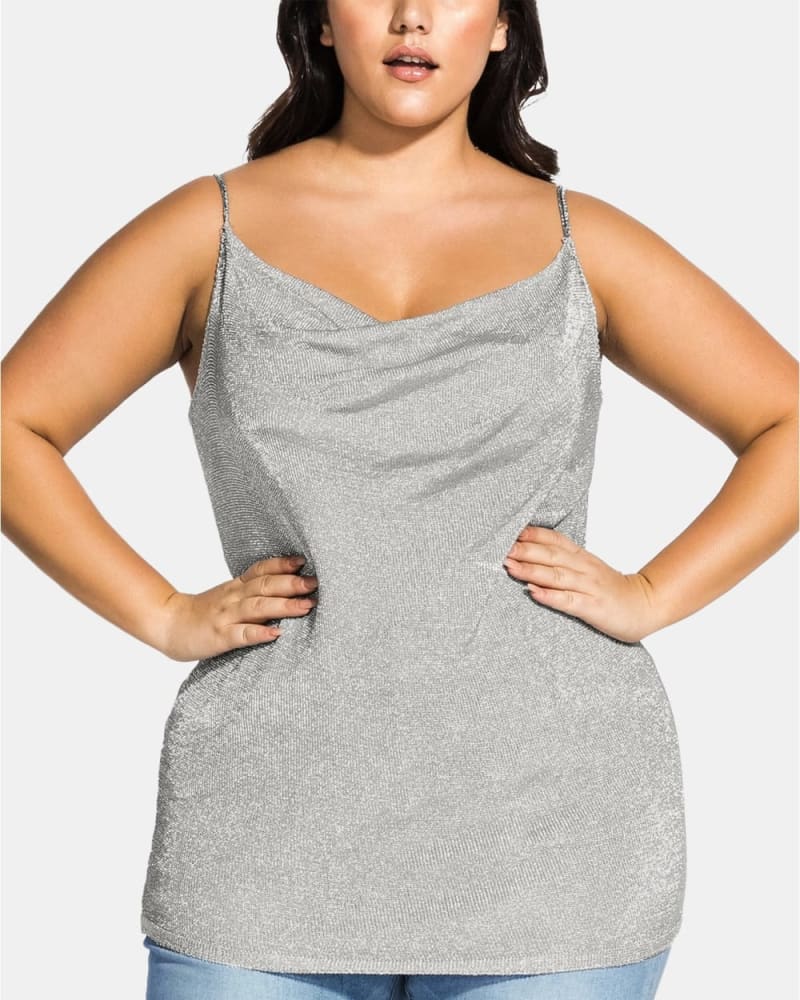 Front of a model wearing a size 14W City Chic Women's Plus Shimmer Cowl Neck Top Gray Size 14W in Gray by City Chic. | dia_product_style_image_id:317095